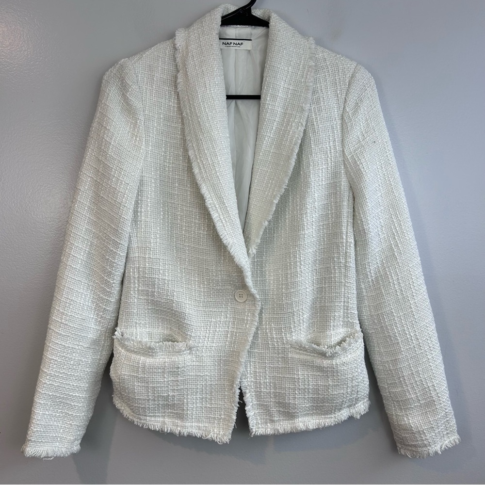 NAF NAF White Boucle Tweed Blazer One Button Closure Size Small